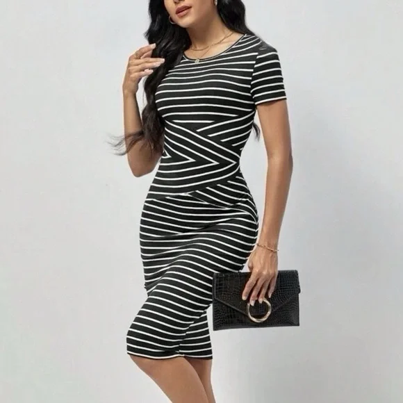 Sheath Black and White Striped Dress  Size Small - Picture 6 of 17